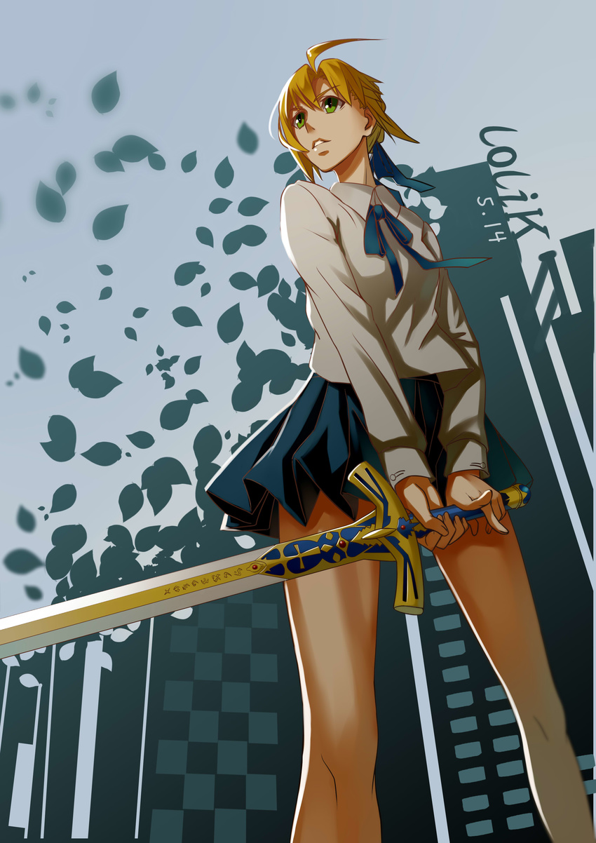 absurdres ahoge artist_name artoria_pendragon_(all) blonde_hair caliburn dated dutch_angle fate/stay_night fate_(series) from_below green_eyes highres lolik parted_lips petals saber short_hair skirt solo sword thighs weapon