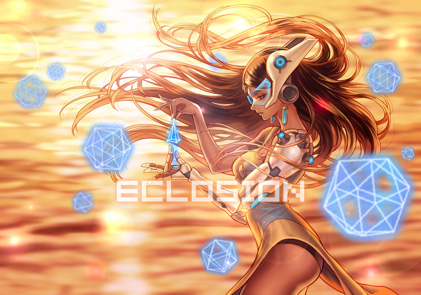 artist_name bangs black_hair black_panties breasts brown_eyes closed_mouth cowboy_shot cyborg dark_skin dress earrings eclosion eyelashes fingernails floating_hair forehead_jewel from_side headgear holding hologram icosahedron jewelry large_breasts lens_flare long_fingernails long_hair mechanical_arm nail_polish overwatch panties pelvic_curtain profile pyramid_(geometry) short_sleeves solo symmetra_(overwatch) underwear very_long_hair visor white_nails