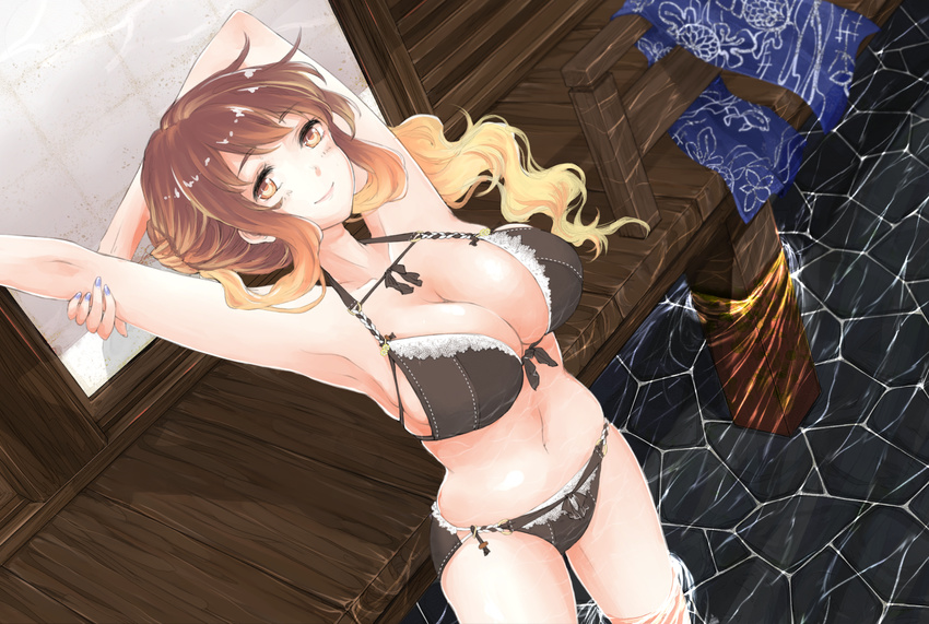 alternate_costume alternate_hairstyle architecture arm_up armpits bare_arms bare_legs bikini black_bikini blue_towel breasts brown_hair caustics cleavage collarbone east_asian_architecture floral_print from_above gradient_hair highres hijiri_byakuren large_breasts light_brown_eyes light_brown_hair lips long_hair long_ponytail looking_at_viewer mayoln multicolored_hair nail_polish navel partially_submerged perspective ponytail porch purple_nails shiny shiny_hair side-tie_bikini sideboob skindentation smile solo stomach stretch swimsuit thighs touhou towel two-tone_hair wading water wavy_hair wind wooden_floor yellow_eyes