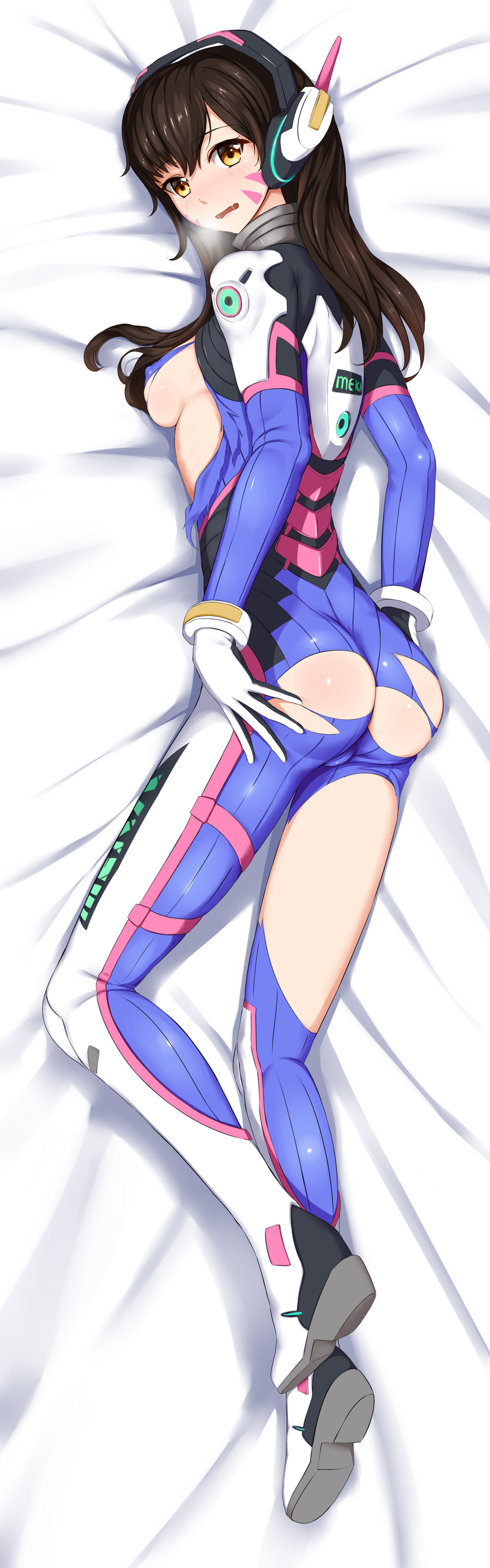 absurdres acronym ass bad_id bad_pixiv_id bangs bed_sheet bodysuit boots bracer breasts breath brown_eyes brown_hair covered_nipples d.va_(overwatch) dakimakura facepaint facial_mark fang fedsnk from_behind full_body gloves hand_on_hip headphones high_heel_boots high_heels highres long_hair long_sleeves looking_at_viewer looking_back lying medium_breasts on_back on_bed on_stomach open_mouth overwatch pauldrons pilot_suit pink_lips ribbed_bodysuit saliva shoulder_pads sideboob skin_tight solo thigh_boots thigh_strap thighhighs torn_bodysuit torn_clothes turtleneck whisker_markings white_footwear white_gloves yellow_eyes