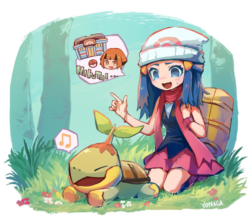 1girl :d bag beanie black_shirt blush border bracelet commentary dawn_(pokemon) day duffel_bag eyelashes flower gardenia_(pokemon) grass grey_eyes hat highres jewelry kneeling long_hair musical_note open_mouth outdoors pink_skirt pokemon pokemon_(creature) pokemon_(game) pokemon_dppt scarf shirt signature skirt sleeveless sleeveless_shirt smile spoken_musical_note sweatdrop tongue tree turtwig white_border white_headwear yellow_bag yonaga_story