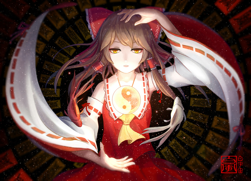 alternate_eye_color aoiakamaou arm_up ascot blurry bow brown_hair chromatic_aberration collar detached_sleeves fingernails floating floating_hair frilled_shirt_collar frills glowing hair_bow hair_tubes hakurei_reimu half-closed_eyes hand_up highres levitation light lips looking_down open_hands red_shirt red_skirt ribbon-trimmed_collar ribbon-trimmed_sleeves ribbon_trim shirt short_hair siamese_fighting_fish signature skirt solo space talisman touhou wide_sleeves yellow_eyes yin_yang