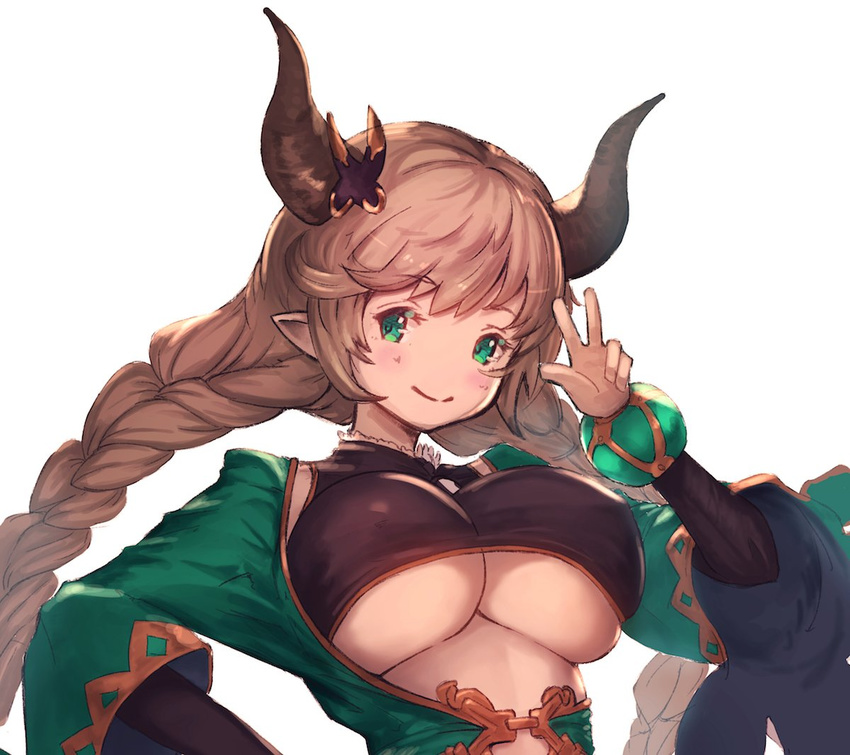 blush braid breasts carmelina_(granblue_fantasy) coppelia_(futamine) draph granblue_fantasy granblue_fantasy_(style) green_eyes horns large_breasts light_brown_hair long_hair official_style pointy_ears scissors scissors_hair_ornament simple_background smile solo twin_braids underboob upper_body v very_long_hair white_background