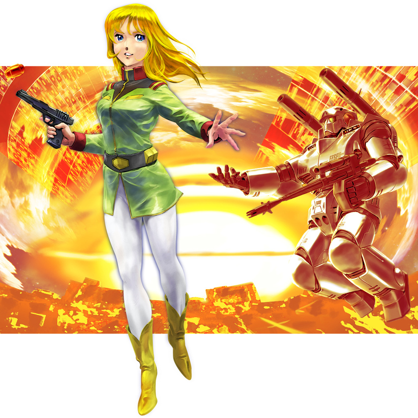 beam_rifle blonde_hair blue_eyes boots breasts cannon concept_art crossover earth_federation energy_gun explosion explosive eyebrows full_body grenade gun guncannon gundam hachijou_shima_(gundam) handgun highres igunuk long_hair looking_at_viewer mecha medium_breasts military military_uniform mobile_suit mobile_suit_gundam nuclear_weapon o'neill_cylinder original pantyhose parody parted_lips power_armor projected_inset serious spacecraft_interior starship_troopers tossing uniform weapon