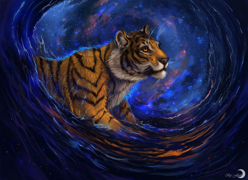 amber_eyes ambiguous_gender cosmic detailed_background feline flashw fur mammal solo stripes tagme tiger water whiskers