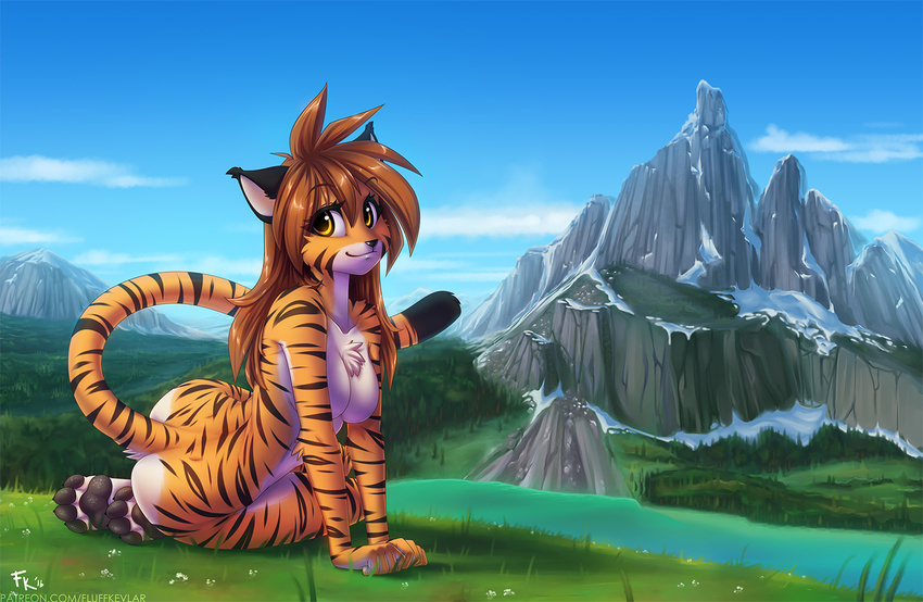 2016 amber_eyes anthro breasts brown_hair butt chest_tuft detailed_background digitigrade featureless_breasts feline female flora_(twokinds) fluff-kevlar forest fur grass hair keidran long_hair looking_at_viewer lying mammal mountain nature nude on_side orange_fur outside pawpads paws raised_tail river sky smile solo striped_fur stripes tiger tree tuft twokinds white_fur