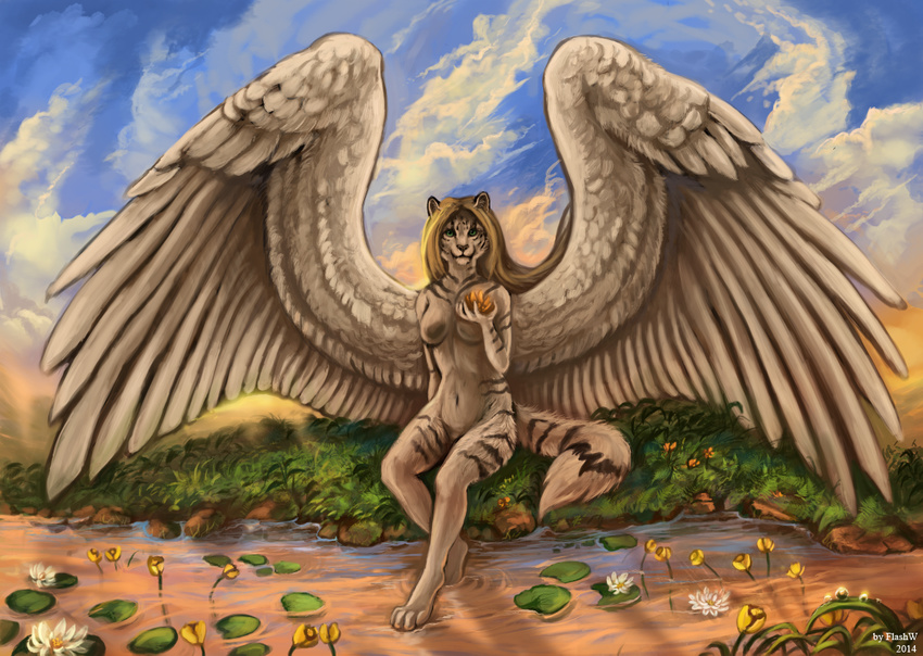 2014 5_fingers anthro breasts day detailed_background feathered_wings feathers feline female flashw green_eyes hair mammal outside sky solo stripes tagme tiger water wings