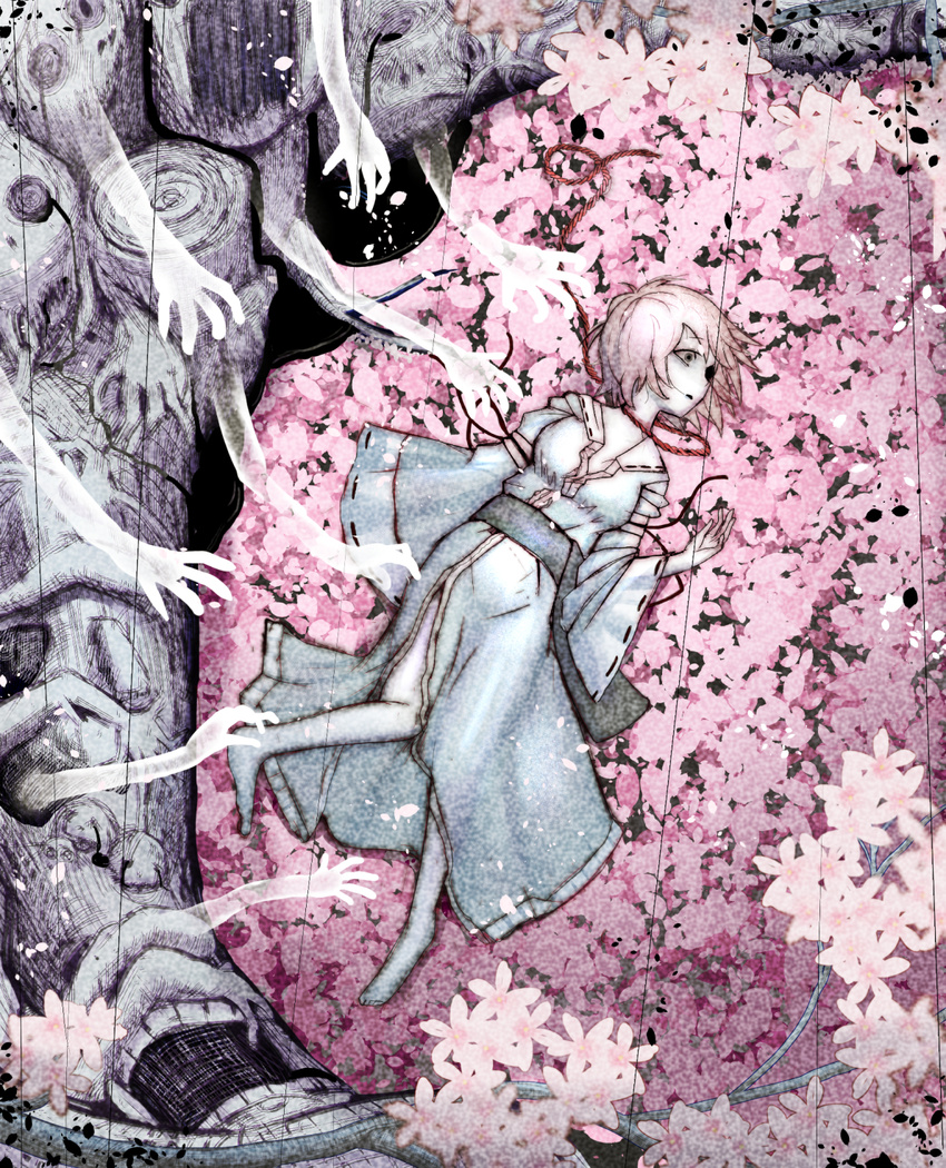 bad_id bad_pixiv_id banned_artist barefoot black_eyes check_commentary cherry_blossoms commentary commentary_request ghost hands highres japanese_clothes kimono noose obi okahi open_mouth pink_hair saigyou_ayakashi saigyouji_yuyuko sash short_hair solid_circle_eyes solo string tears touhou tree wide_sleeves