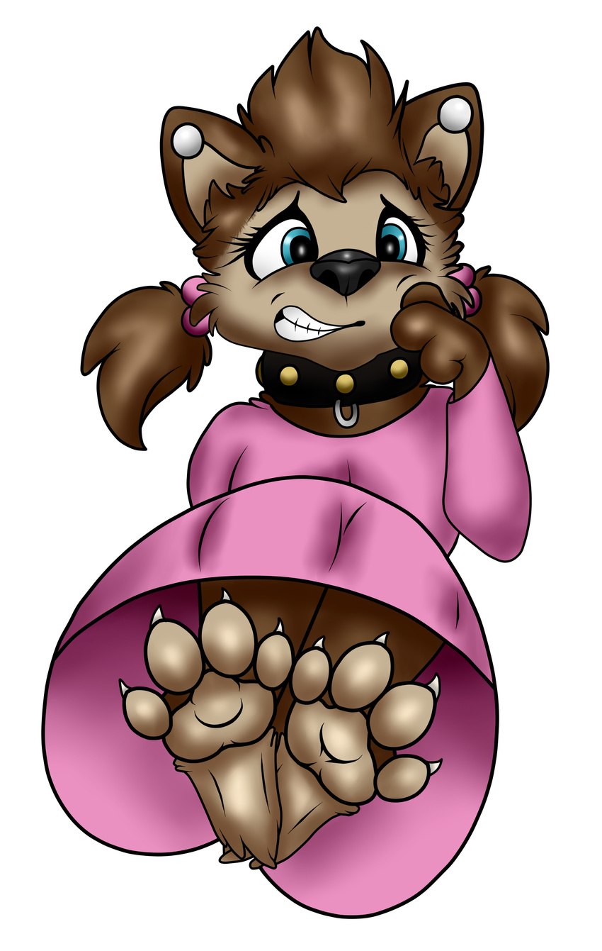 4_toes anthro blue_eyes brown_fur canine clothing collar eyelashes female fur furgonomics furry-specific_piercing hotel_transylvania mammal neonctron piercing pigtails solo teeth toes were werewolf winnie_werewolf_(hotel_transylvania)