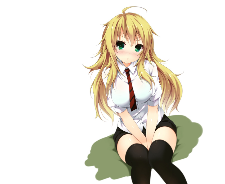 1girl blonde_hair blush female green_eyes hoshii_miki idolmaster long_hair nironiro shirt shorts solo thighhighs tie