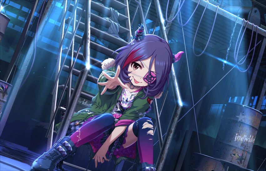 1girl belt boots brown_eyes building cable chains choker drum_(container) eyebrows_visible_through_hair eyepatch frills green_jacket hair_between_eyes hayasaka_mirei horns idolmaster idolmaster_cinderella_girls jacket looking_at_viewer moonlight multicolored_hair night official_art over-kneehighs plaid plaid_skirt purple_hair red_hair shirt skirt skull sparkle stairs t-shirt thighhighs tongue tongue_out torn_clothes torn_legwear two-tone_hair