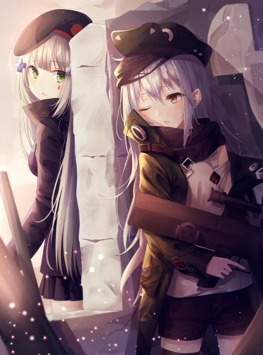 2girls ;o assault_rifle bangs bare_shoulders beret black_coat black_hat black_legwear black_scarf black_shorts black_skirt blush breasts brown_eyes commentary_request cowboy_shot cross_hair_ornament day facial_mark g11 g11_(girls_frontline) girls_frontline green_eyes green_jacket gun hair_between_eyes hair_ornament hat highres hk416_(girls_frontline) holding holding_gun holding_weapon jacket kyubi leaning light_particles long_hair long_sleeves looking_at_another looking_back medium_breasts military military_uniform miniskirt multiple_girls off_shoulder one_eye_closed open_clothes open_jacket outdoors parted_lips peaked_cap pleated_skirt rifle scarf shirt short_shorts shorts sidelocks silver_hair skirt standing thighhighs trigger_discipline uniform wall weapon white_shirt