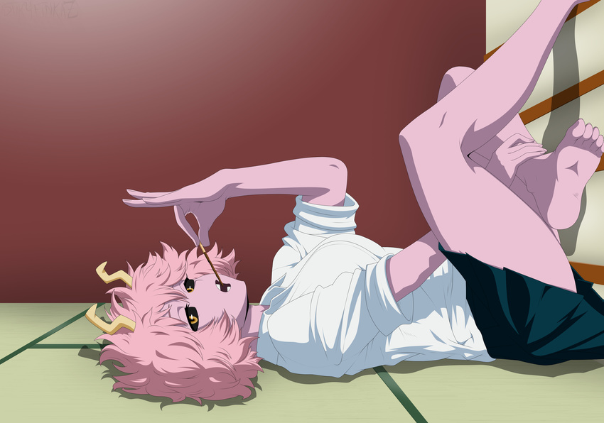 1girl ashido_mina barefoot black_sclera blouse boku_no_hero_academia breasts eating feet female gold_eyes hand_on_leg highres holding horikoshi_kouhei horns legs_crossed looking_at_viewer looking_to_the_side lying messy_hair on_back on_floor open_mouth pleated_skirt pocky school_uniform serafuku short_hair skirt soles solo stiky_finkaz tatami toes