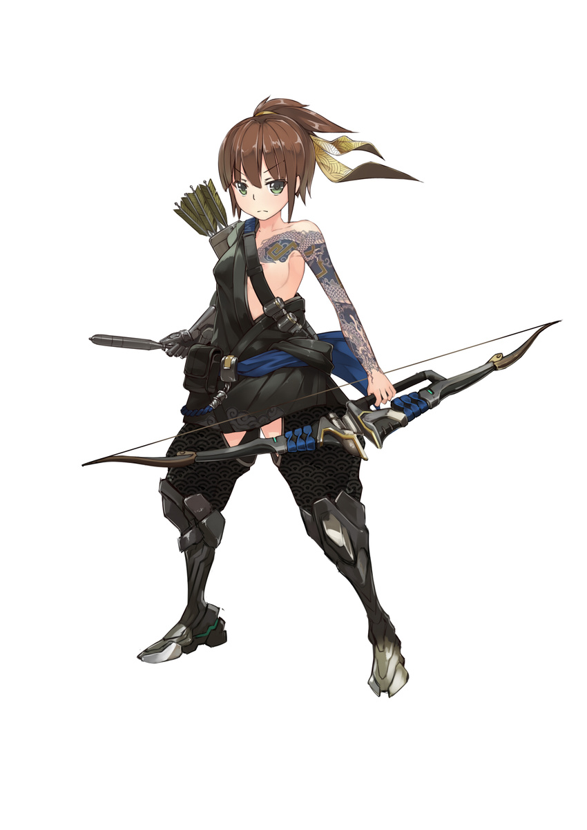 akatsuki_(zhan_jian_shao_nyu) armpits arrow asymmetrical_clothes bag baggy_pants bare_arms black_pants blue_sash bow bow_(weapon) breasts brown_hair closed_mouth collarbone cosplay crotchless_pants dragon_tattoo full_body gloves green_eyes grey_footwear hair_between_eyes hair_ribbon hanzo_(overwatch) hanzo_(overwatch)_(cosplay) highres holding holding_bow_(weapon) holding_weapon japanese_clothes legs_apart metal_boots metal_gloves nipples no_bra one_breast_out overwatch pants ponytail quiver raised_eyebrows ribbon sash seigaiha serious shoes short_hair short_ponytail shoulder_belt sidelocks single_glove small_breasts solo standing stmaster tattoo weapon white_background zhan_jian_shao_nyu