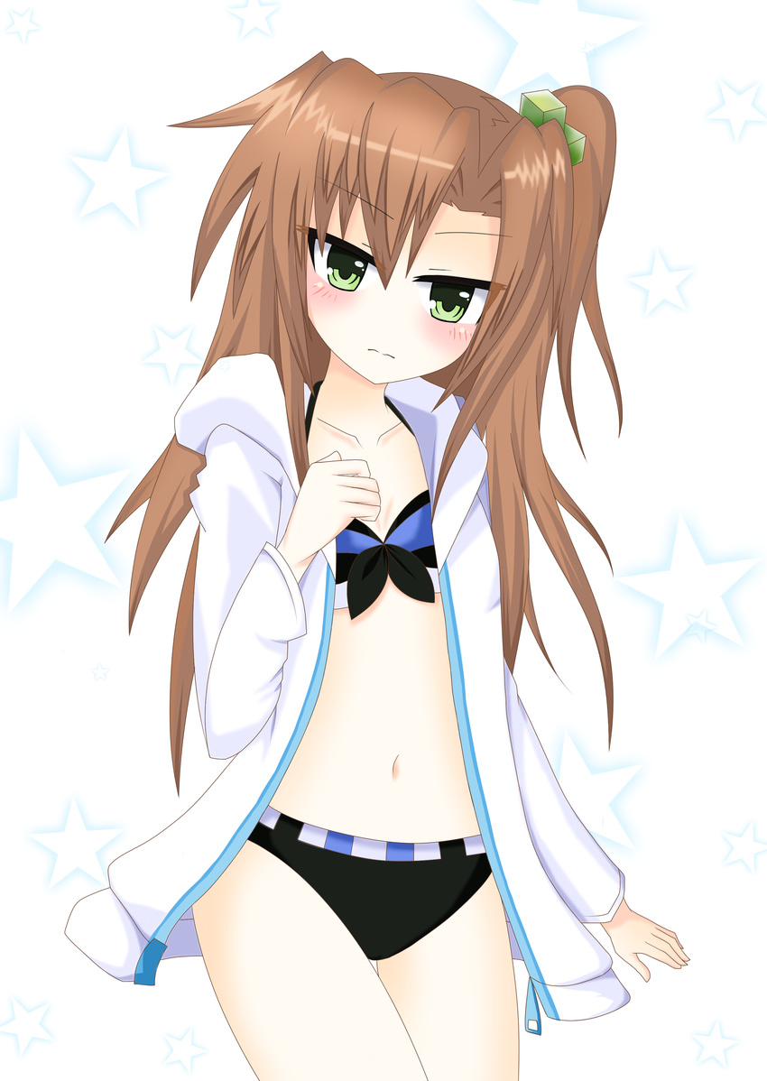 absurdres bad_id bad_pixiv_id blush bow brown_hair green_eyes hair_bow hair_ornament highres if_(choujigen_game_neptune) jacket long_hair looking_at_viewer navel neptune_(series) ribbon solo swimsuit yasei