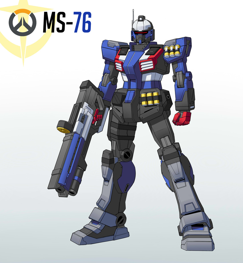 beam_rifle crossover energy_gun exaxuxer full_body gundam highres mecha mechanization mobile_suit_gundam no_humans overwatch rx-78-2 soldier:_76_(overwatch) solo weapon