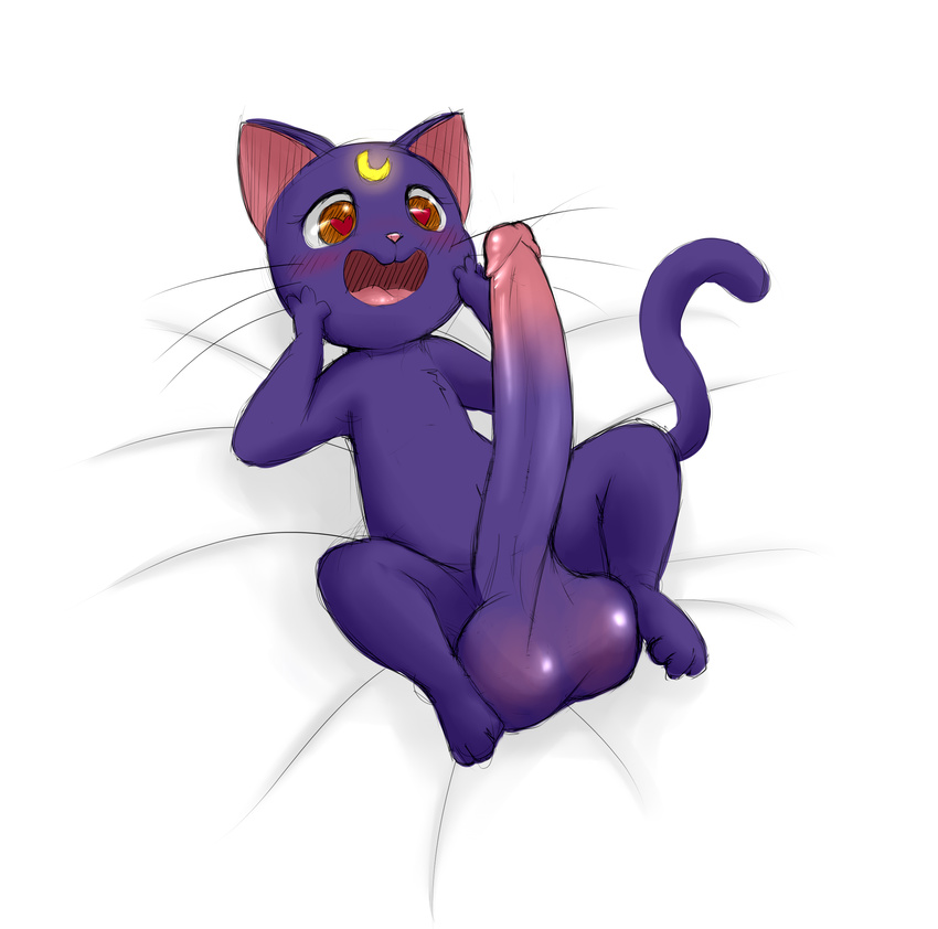 balls balls_blush bed blush cat crossgender feline glans hentaineko humanoid_penis hyper long_penis long_tail looking_at_penis luna_(sailor_moon) lying male mammal on_back on_bed open_mouth penis sailor_moon_(series) semi-anthro solo whiskers