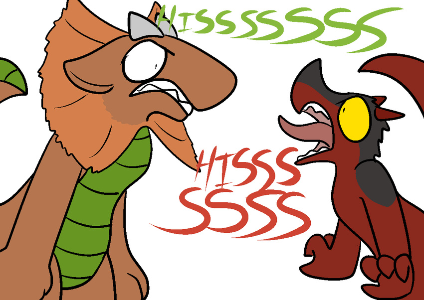 2015 2016 aliasing angry anthro duo frill horn kobold male nude open_mouth scalie simple_background teeth text tongue trout_(artist)