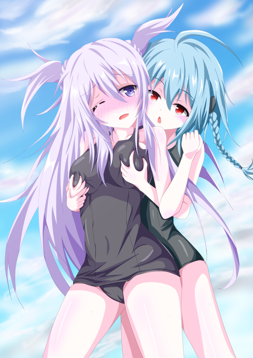 2girls ahoge ame-noti-kaminari black_swimsuit blue_hair blue_sky blush breast_grab breast_grab_from_behind cloud duo female gakusen_toshi_asterisk grabbed_from_behind large_breasts long_hair looking_at_another open_mouth purple_eyes purple_hair red_eyes sasamiya_saya short_hair side_braids standing toudou_kirin two_side_up yuri