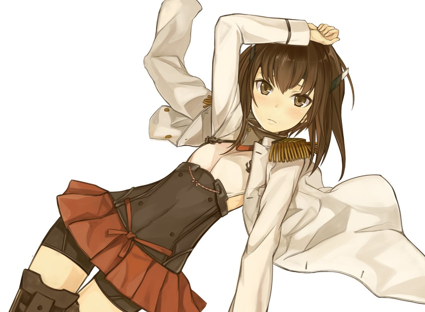 brown_eyes brown_hair corset epaulettes kantai_collection kazabana_fuuka miniskirt pleated_skirt skirt solo taihou_(kantai_collection) thighhighs thighs white_background