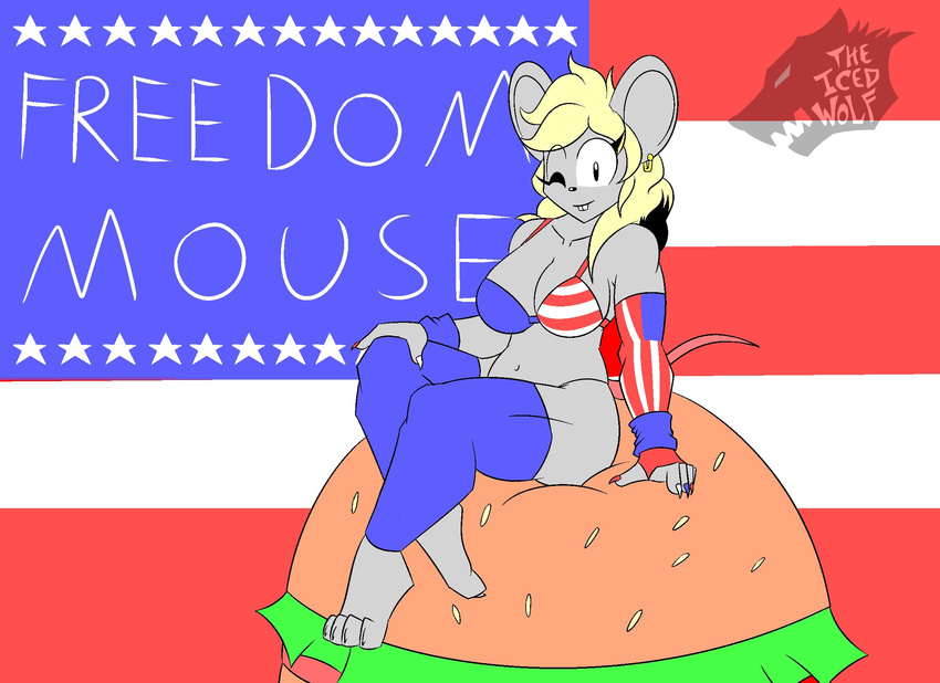 2016 anthro big_breasts bikini blonde_hair breasts burger butt clothing cute digital_media_(artwork) english_text female flag food fur hair hi_res legwear logo long_hair looking_at_viewer mammal mouse navel rodent smile solo stars_and_stripes stockings swimsuit teeth text theicedwolf thick_thighs united_states_of_america wide_hips