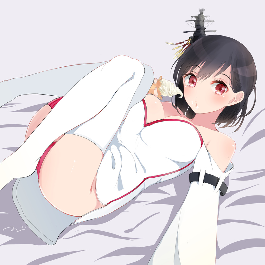 artist_name ass bare_shoulders bed_sheet black_hair body_blush breasts cleavage collarbone detached_sleeves eyelashes food grey_background headgear highres holding holding_food ice_cream ice_cream_cone kantai_collection legs_up long_sleeves lying medium_breasts on_back panties red_eyes red_panties short_hair signature simple_background solo tebi_(tbd11) thighhighs underwear white_legwear wide_sleeves yamashiro_(kantai_collection)
