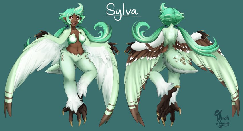 avian breasts brown_feathers brown_skin claws feathered_wings feathers female green_feathers green_hair hair harpy model_sheet pink_eyes solo sylva_(kyvinna) white_feathers wings witchofavalon