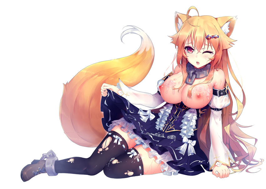 1girl aftersex ahoge animal_ears bare_shoulders black_legwear black_thighhighs blonde_hair blush boots chains cleavage collar cum detached_sleeves dress dress_lift female fox_ears fox_tail full_body hair_ornament kitsunemimi large_breasts long_hair looking_at_viewer lying nipples no_bra on_side one_eye_closed open_mouth red_eyes ribbon-trimmed_legwear semen_on_body semen_on_breasts semen_on_clothes simple_background solo strapless_dress thighhighs torn_thighhighs white_background zhu_fun