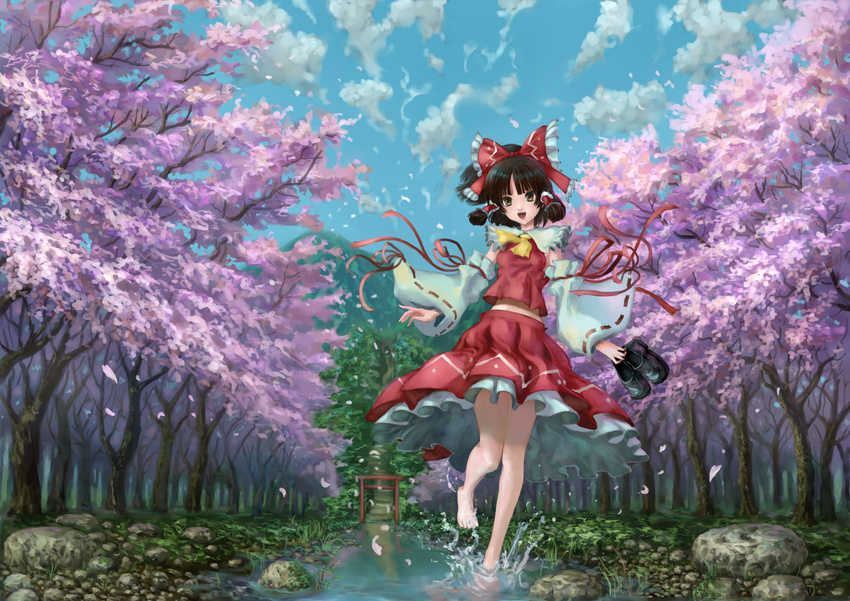 absurdres ascot barefoot black_hair blue_sky cherry_blossoms cloud day detached_sleeves hair_ribbon hair_tubes hakurei_reimu highres japanese_clothes lake landscape long_sleeves looking_at_viewer midriff miko nature open_mouth petals ribbon ribbon-trimmed_sleeves ribbon_trim scenery shirt short_hair skirt skirt_set sky smile solo torii touhou tree ultra-taf water wide_shot wide_sleeves