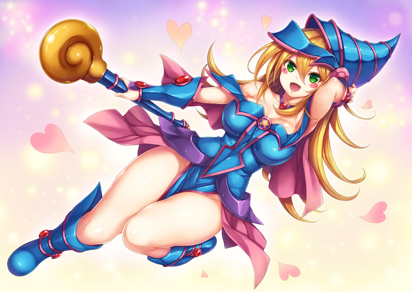 :d arm_up bangs bare_shoulders between_legs blonde_hair blue_footwear blue_hat blush blush_stickers boots breasts cape choker cleavage dark_magician_girl duel_monster dutch_angle eyebrows eyebrows_visible_through_hair full_body glowing green_eyes hair_between_eyes hand_on_own_head hat large_breasts light_particles long_hair off_shoulder open_mouth pentacle pink_cape smile snowcanvas solo staff vambraces waist_cape wizard_hat yuu-gi-ou yuu-gi-ou_duel_monsters