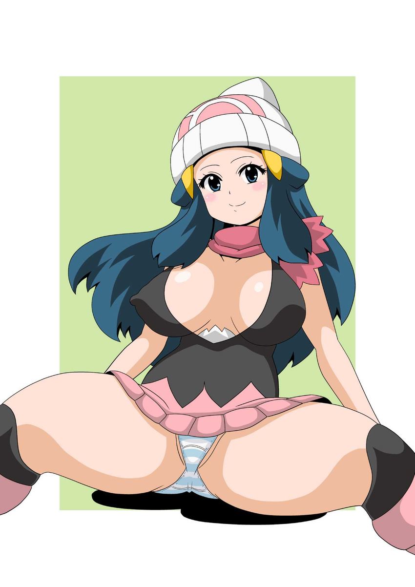 blue_eyes blue_hair boots breasts dress hat highres hikari_(pokemon) koutarosu long_hair looking_at_viewer panties pink_footwear pokemon pokemon_(anime) pokemon_(game) scarf simple_background sitting skirt smile solo spread_legs underwear