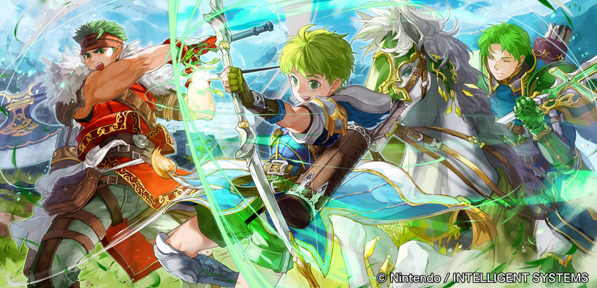 armor arrow axe bow_(weapon) boyd_(fire_emblem) brothers closed_eyes company_name feathers fingerless_gloves fire_emblem fire_emblem:_souen_no_kiseki fire_emblem_cipher gloves green_eyes green_hair headband highres horse leaf male_focus mayo_(becky2006) multiple_boys official_art open_mouth oscar polearm quiver rolf siblings sky spear teeth weapon