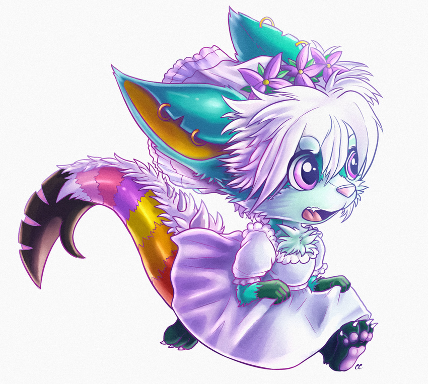 anthro canine chibi chibity clothed clothing crossdressing dress flower_crown fox fur girly green_fur hair hindpaw hybrid male mammal marine multicolored_fur open_mouth paws running simple_background solo veil white_background white_hair wolf