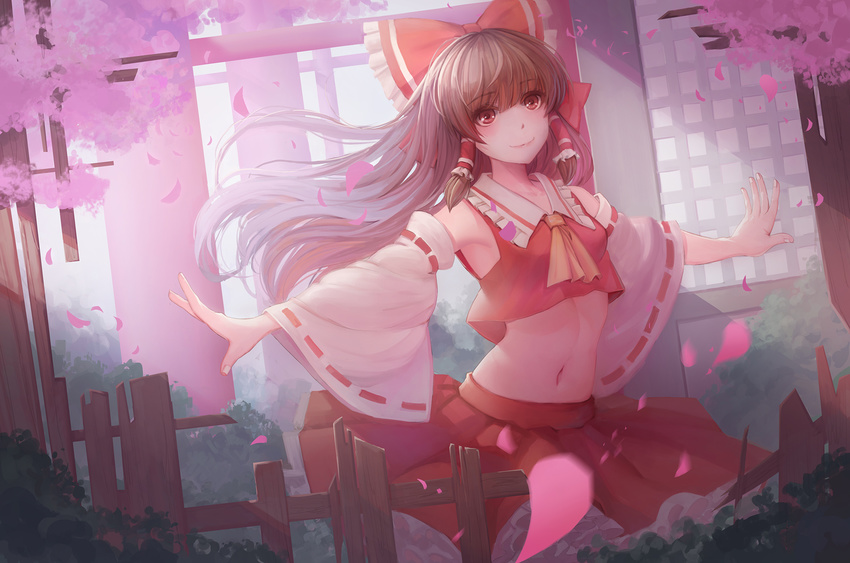 adapted_costume ascot bare_shoulders blush bow brown_hair cherry_blossoms chinese_commentary commentary_request crop_top crop_top_overhang dappled_sunlight detached_sleeves hair_bow hair_tubes hakurei_reimu highres long_hair midriff navel outstretched_arms petals petticoat red_bow red_eyes red_skirt ribbon-trimmed_sleeves ribbon_trim skirt skirt_set smile solo spread_arms sunlight touhou wide_sleeves youxuemingdie