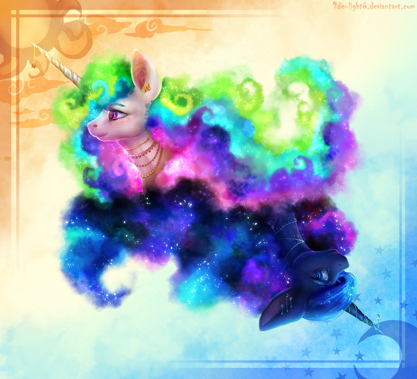 2016 9de-light6 abstract_background blue_fur blue_hair duo equine female feral friendship_is_magic fur hair hi_res horn jewelry mammal multicolored_hair my_little_pony princess_celestia_(mlp) princess_luna_(mlp) smile unicorn white_fur