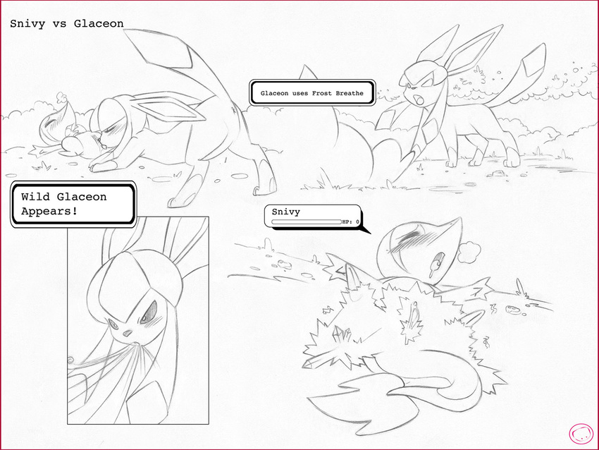 ambiguous_gender anus comic cunnilingus eeveelution female female/ambiguous frozen glaceon harumi health_bar ice monochrome nintendo oral pok&eacute;mon pussy sex snivy text text_box vaginal video_games