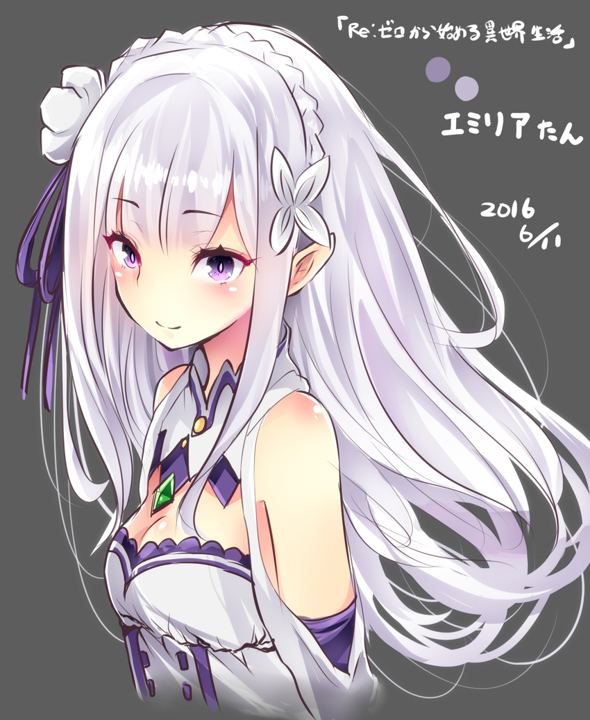 bangs bare_shoulders blunt_bangs braid crown_braid detached_sleeves dress e-co emilia_(re:zero) gem hair_ornament hairclip highres jewelry long_hair long_sleeves looking_at_viewer pointy_ears re:zero_kara_hajimeru_isekai_seikatsu silver_hair simple_background sleeveless sleeveless_dress smile solo upper_body very_long_hair white_dress wide_sleeves