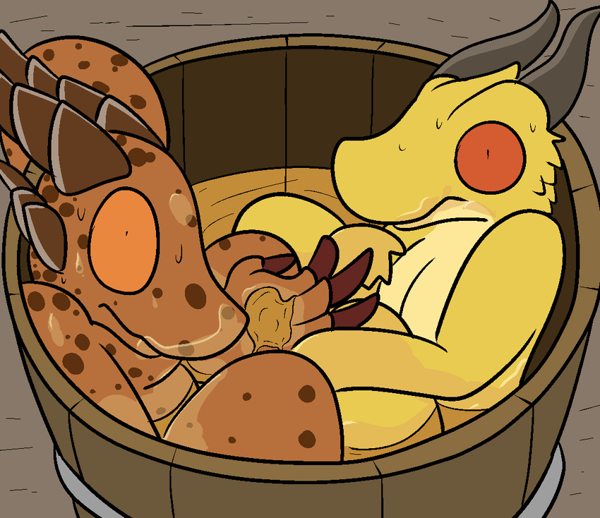 2016 alcohol aliasing anthro barrel bath beverage claws digital_media_(artwork) duo female horn kobold looking_at_viewer male nude reptile rum scalie shocked simple_background trout_(artist)