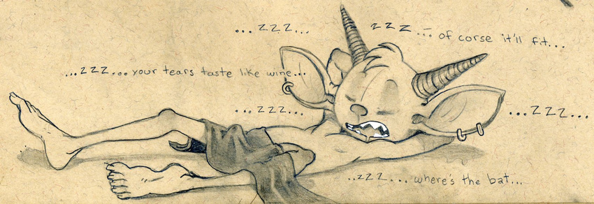 anthro drooling english_text eyes_closed horn imp lying monochrome naked_towel on_back open_mouth pencil_(artwork) saliva sharp_teeth sleeping snoring teeth tenting text traditional_media_(artwork) tush tush_(character) wet_spot