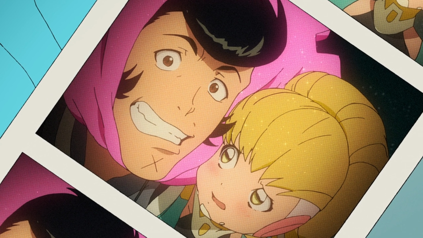 1girl adelie_(space_dandy) black_hair blonde_hair blush brown_eyes cleft_chin close-up costume dandy_(space_dandy) grin hair_up multicolored multicolored_eyes non-web_source photo_(object) pompadour purikura screencap smile space_dandy yellow_eyes