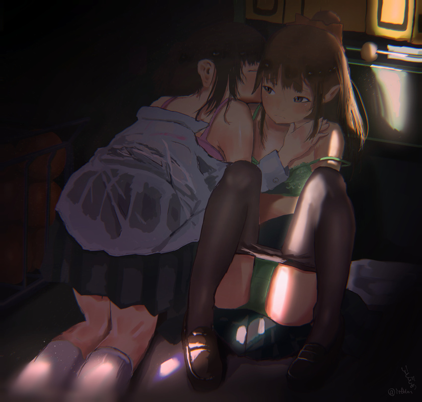 absurdres bad_id bad_pixiv_id ball black_hair bra brown_eyes brown_hair ear_kiss gym_storeroom hair_ribbon highres itodome kneehighs kneeling loafers long_hair multiple_girls no_shirt original panties pantyhose pantyhose_pull pantyshot pantyshot_(sitting) ponytail ribbon school_uniform shadow shoes sitting skirt strap_slip underwear upskirt wet wet_clothes yuri