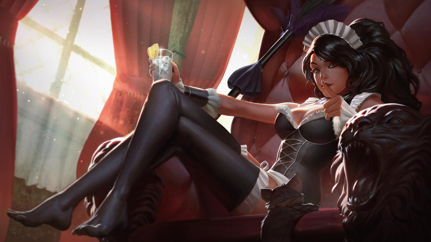 alternate_costume black_hair black_legwear cat crossed_legs drink facial_mark feather_duster finger_to_mouth forehead_mark french_maid_nidalee league_of_legends maid maid_headdress nidalee official_art thighhighs