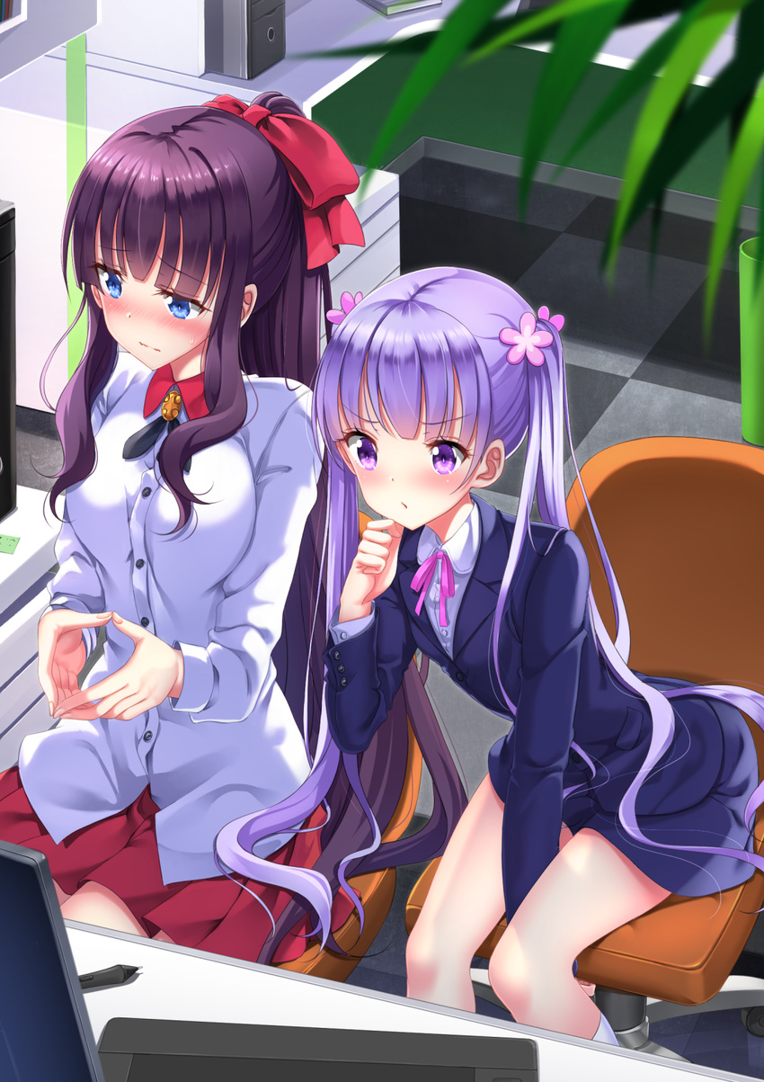 blue_eyes blush computer flower hair_flower hair_ornament hands_together highres jacket long_hair multiple_girls new_game! purple_eyes purple_hair ribbon sitting skirt suzukaze_aoba swordsouls takimoto_hifumi twintails