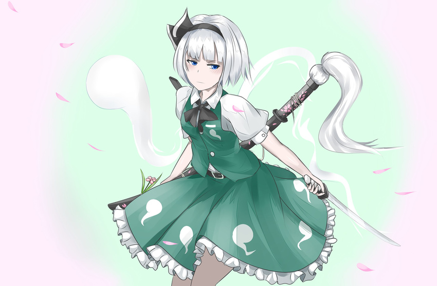 belt belt_buckle black_hairband blue_eyes blush buckle cherry_blossoms closed_mouth collared_shirt cowboy_shot floating_hair flower frilled_skirt frills ghost gradient gradient_background green_skirt green_vest hair_ribbon hairband highres hitodama holding holding_sword holding_weapon katana konpaku_youmu konpaku_youmu_(ghost) looking_at_viewer looking_to_the_side open_eyes pan-ooh pink_flower puffy_short_sleeves puffy_sleeves ribbon serious sheath shirt short_hair short_sleeves silver_hair skirt solo sword touhou unsheathed vest weapon wing_collar