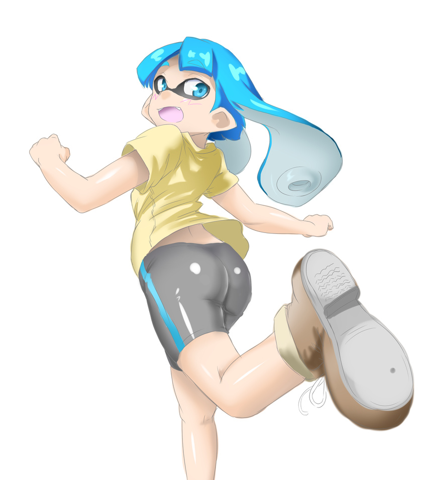 ass bangs bike_shorts black_shorts blunt_bangs blurry blush depth_of_field domino_mask flat_ass foreshortening from_behind girly_running highres inkling long_hair looking_at_viewer mask open_mouth pointy_ears running shirt shoes short_sleeves shorts single_vertical_stripe sketch smile solo splatoon_(series) splatoon_1 t-shirt tentacle_hair toraneko555 transparent_background yellow_shirt