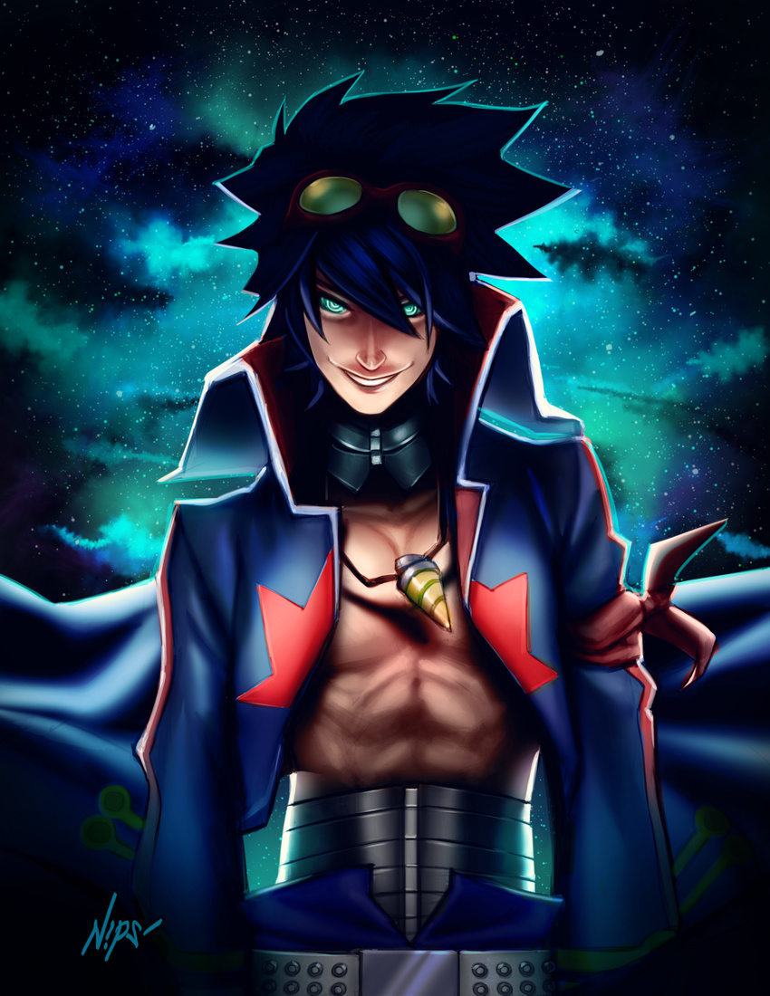 1boy abs blue_hair core_drill evil_grin evil_smile glowing glowing_eyes goggles goggles_on_head gorget green_eyes grin highres jacket jewelry nips older open_clothes open_jacket pendant shirtless short_hair simon smile solo space spiked_hair spiral_power star starry_background tengen_toppa_gurren_lagann