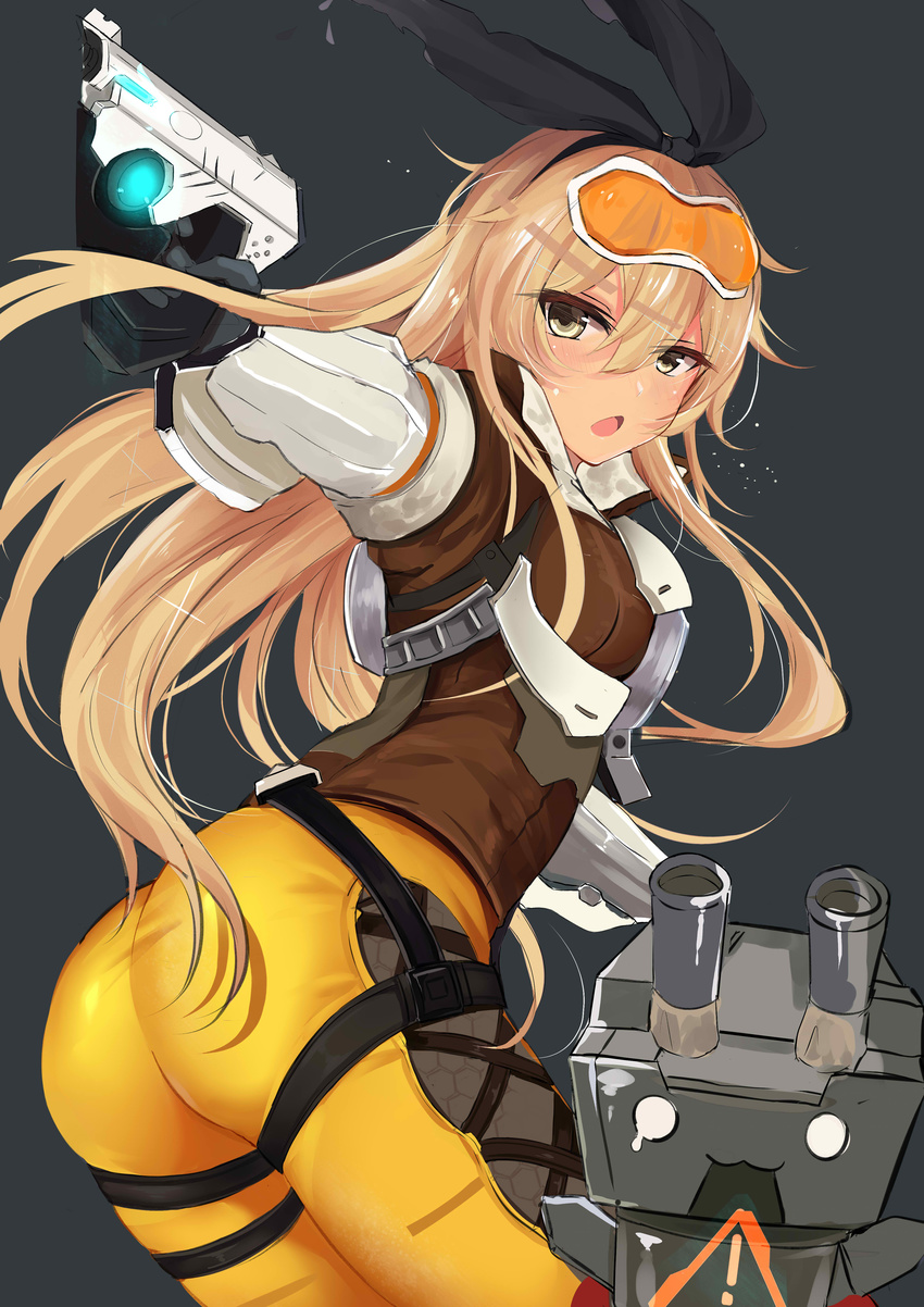 1girl :o absurdres aiming ass bangs belt black_gloves black_ribbon blonde_hair bodysuit bomber_jacket charging cosplay cowboy_shot eyebrows eyelashes finger_on_trigger fishnets gloves goggles goggles_on_head grey_background gun hair_between_eyes hairband handgun highres holding holding_gun holding_weapon jacket kantai_collection light_particles long_hair long_sleeves looking_at_viewer o_o orange_bodysuit outstretched_arm overwatch rensouhou-chan ribbon shimakaze_(kantai_collection) slm teardrop thigh_strap tracer_(overwatch) tracer_(overwatch)_(cosplay) triangle weapon yellow_eyes