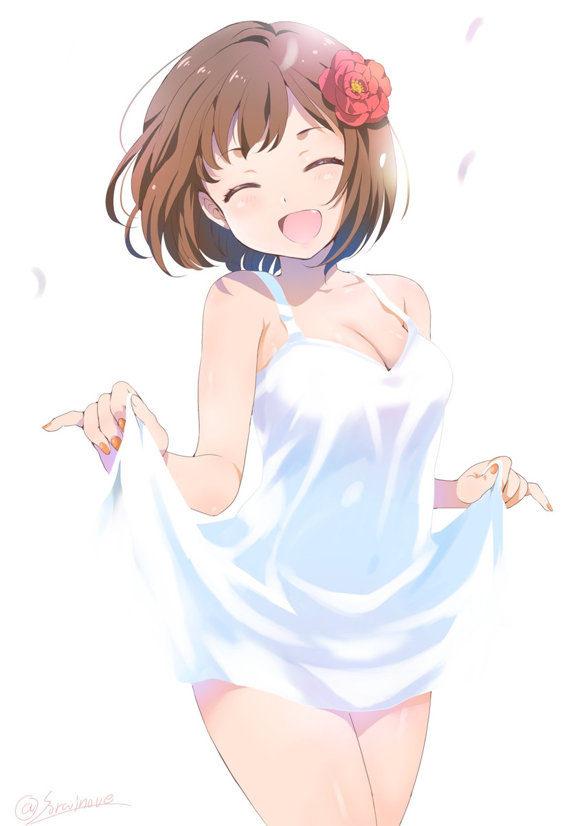 :d ^_^ bare_shoulders blush breasts brown_hair cleavage closed_eyes collarbone cowboy_shot dress facing_viewer fang flower hair_flower hair_ornament head_tilt highres idolmaster idolmaster_cinderella_girls inoue_sora maekawa_miku medium_breasts nail_polish open_mouth pinky_out revision short_dress short_hair simple_background skirt_hold sleeveless sleeveless_dress smile solo spaghetti_strap sundress thighs twitter_username white_background white_dress