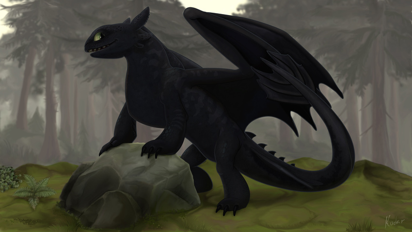 2015 black_scales claws dragon feral forest grass green_eyes how_to_train_your_dragon kodardragon male membranous_wings night_fury outside rock scales scalie smile solo teeth toothless tree wings
