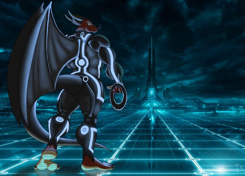 2016 5_toes armor barefoot building cloud digital_media_(artwork) dragon futuristic identity_disc male neon_lights night outside red_skin sky solo the_grid toes tron ty_(zp92) wings zp92
